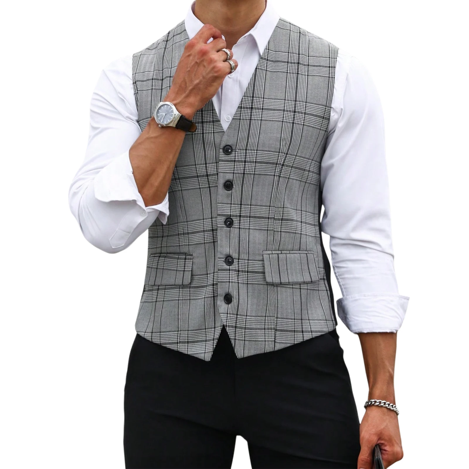 Formal Waistcoat Vest - Gilet da Uomo Grigio a Quadri,